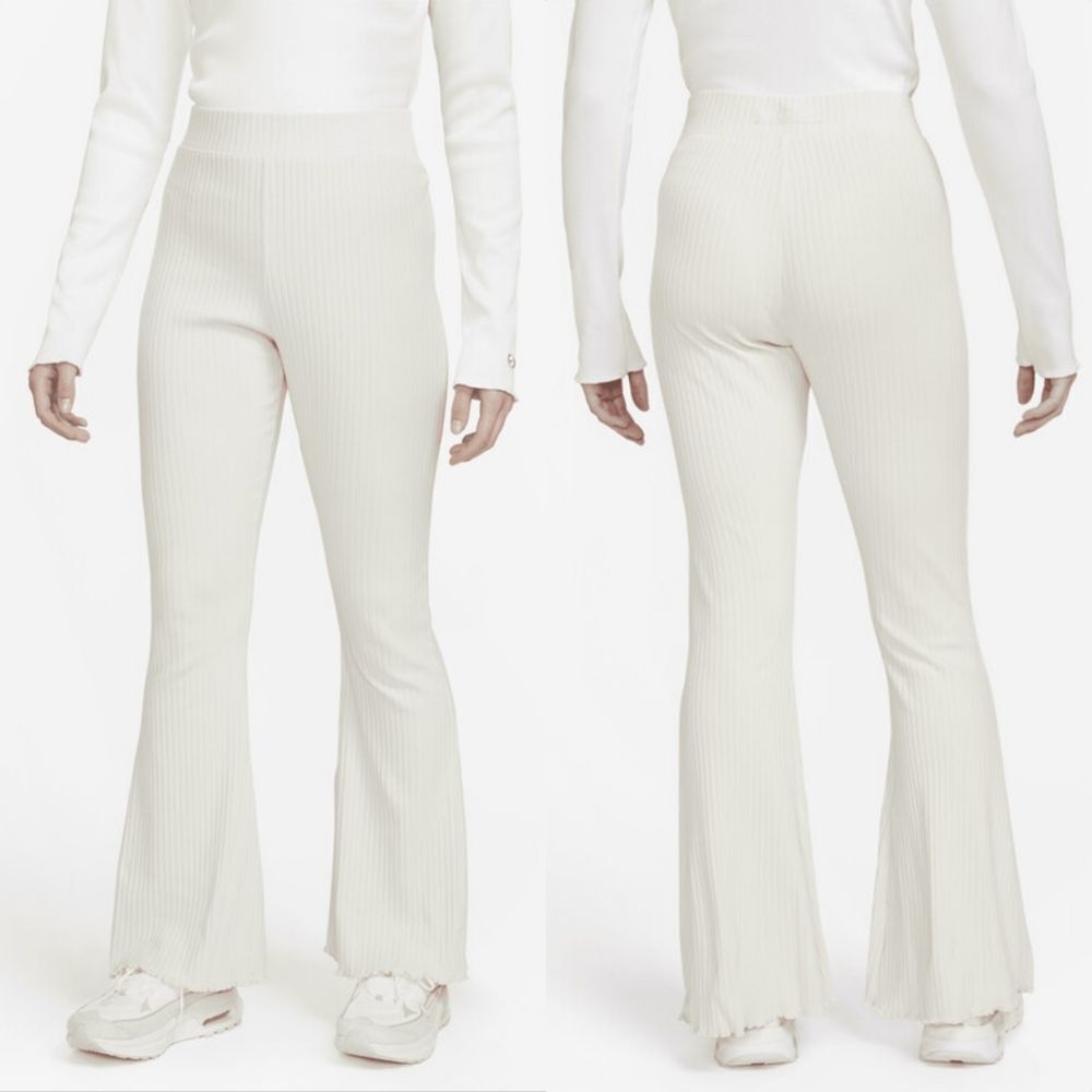 Nike Sportswear SE High Waisted Full Length Ribbed Jersey Flare Pants in Cream